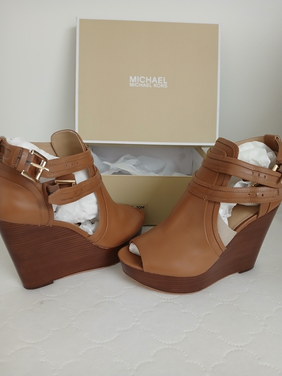 Michael Kors Shoes - Michael Kors Cognac Leather Strappy Wedge Sandals